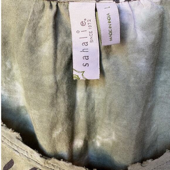 Sahalie Olive Cotton Jersey Pullover Dress w Block Print Pattern, Tie Dye size L - Picture 3 of 11